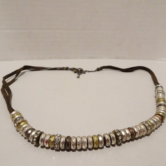 Fossil Brown Leather Necklace Hammered Metal Beads Rhinestone Charms Clasp - Picture 1 of 2